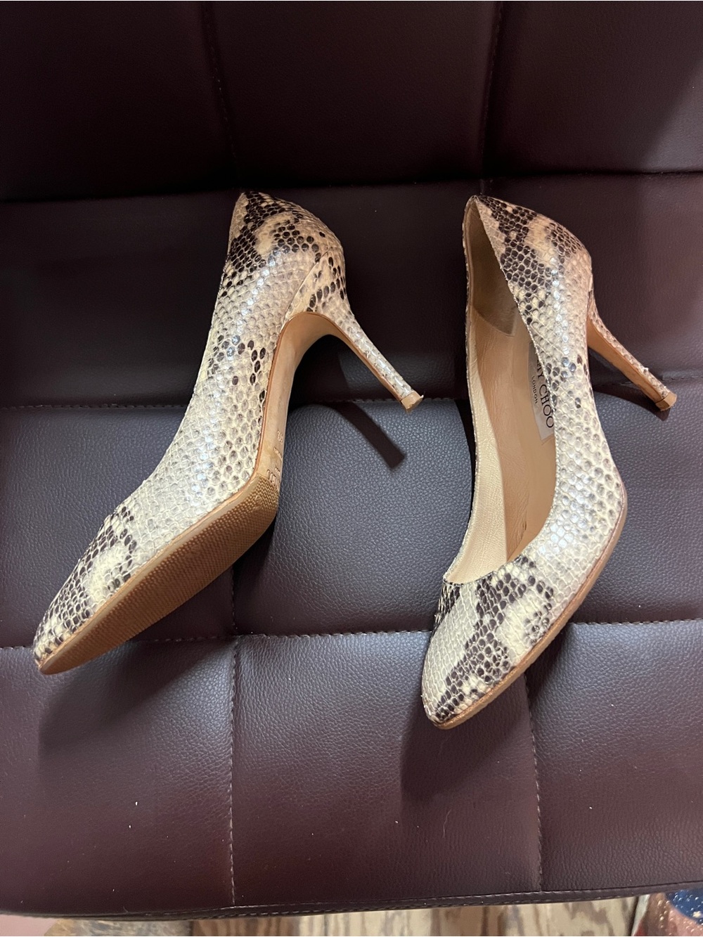 Jimmy Choo Beige and Brown Snakeskin Pointed-Toe Pumps - Picture 2 of 9